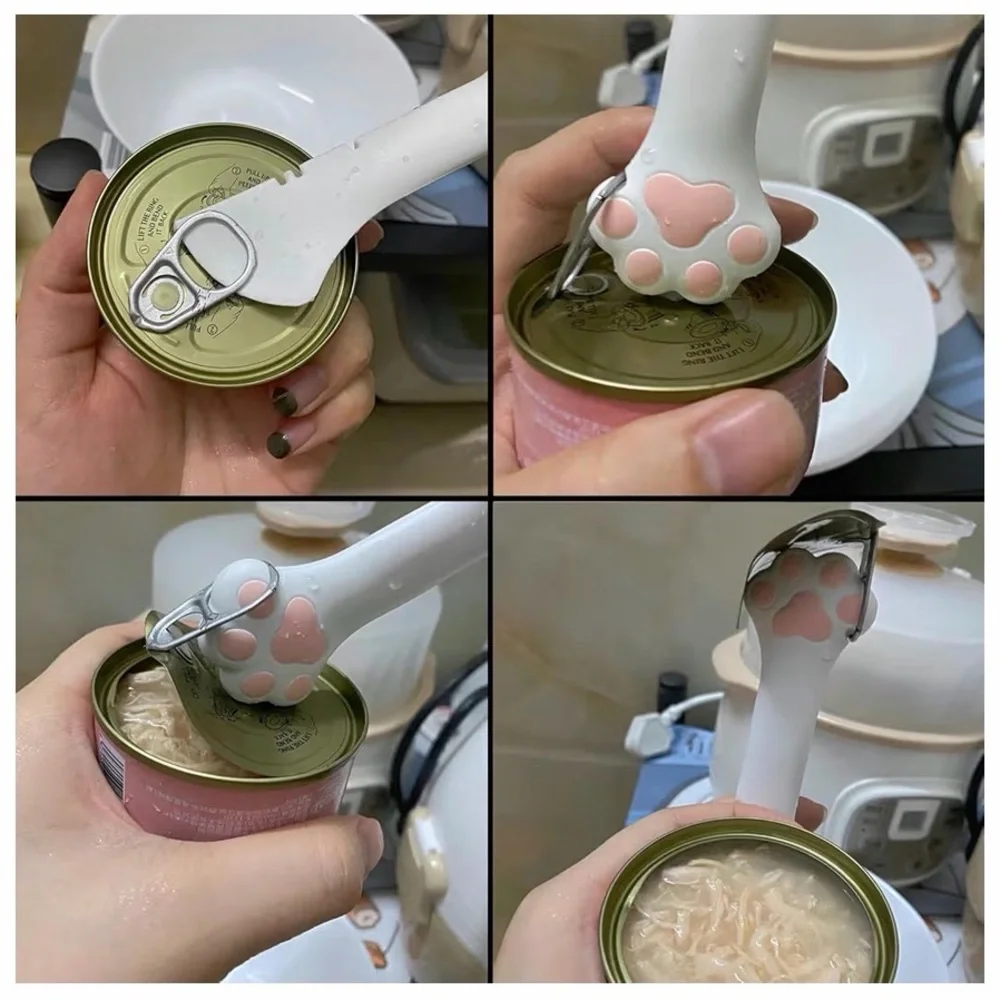 4~Pet Paw Silicone Cat Bowl Set-Pink&Gray Multi-use Opener, Cute Paw Shape Spoon